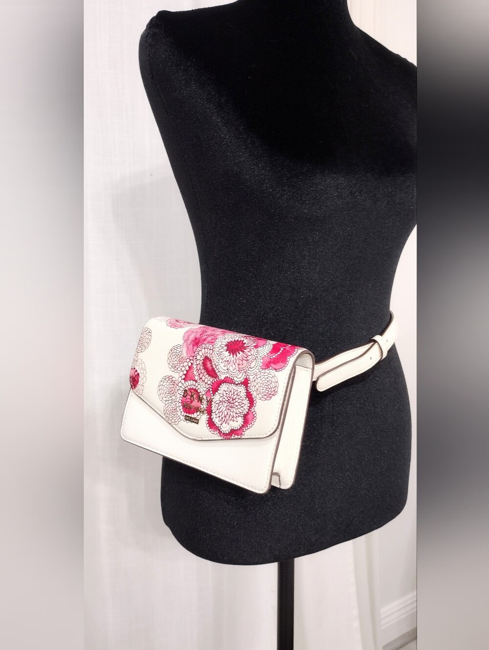 DKN New York White Floral Embroidered Leather Belt Bag - Pink Accents
